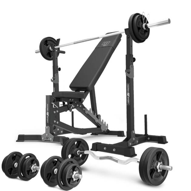 zestaw ms30_2.0_113kg | dwustronnie regulowana ławka treningowa + wielopoziomowe stojaki (2 sztuki) pod sztangę z asekuracją + zestaw gryfów i obciążeń 113 kg - marbo sport