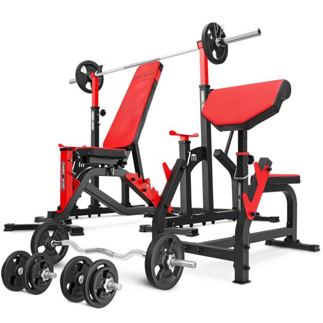 zestaw ms5_161kg_kier | ławka dwustronna + stojaki regulowane + modlitewnik + zestaw gryfów i obciążeń - marbo sport