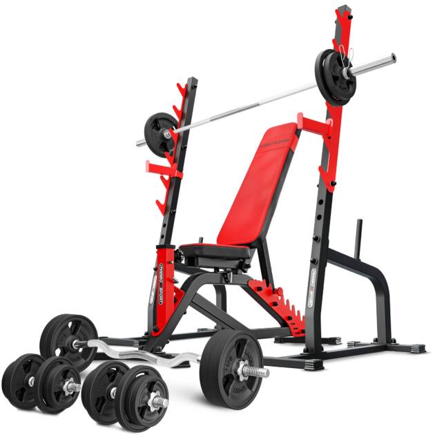 zestaw ms8_166kg_kier_g | ławka dwustronnie regulowana + stojaki wielopoziomowe + zestaw gryfów i obciążeń gumowanych - marbo sport