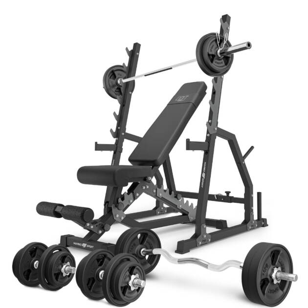 zestaw ms3_2.0_113kg_g | ławka dwustronna + stojaki bramowe z asekuracją + zestaw gryfów i obciążeń gumowanych 113 kg - marbo sport