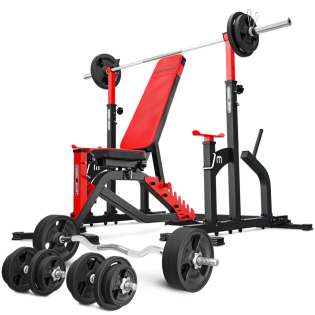 zestaw ms2_170kg_kier_g | ławka dwustronna + stojaki regulowane + zestaw gryfów i obciążeń gumowanych - marbo sport
