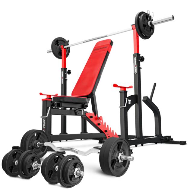 zestaw ms11_170kg_kier_g | ławka dwustronnie regulowana + stojaki wielopoziomowe + zestaw gryfów i obciążeń gumowanych- marbo sport