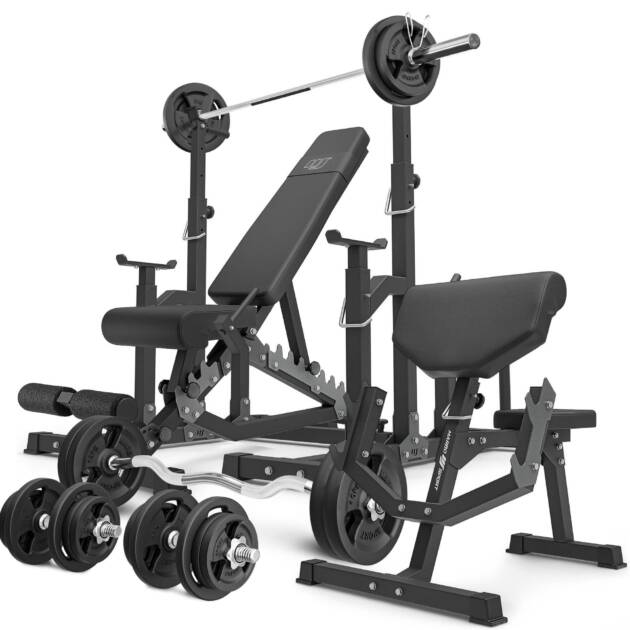 zestaw ms5_2.0_113kg | ławka dwustronna + stojaki regulowane + ławka scotta (modlitewnik) z regulacją podparcia + zestaw gryfów i obciążeń 113 kg - marbo sport