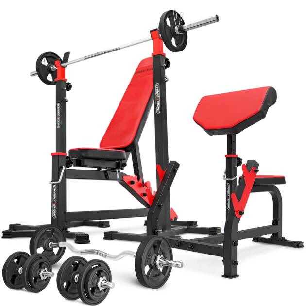 zestaw ms4_142kg_kier_g | ławka dwustronnie regulowana + stojaki pod sztangę + modlitewnik + zestaw gryfów i obciążeń gumowanych - marbo sport