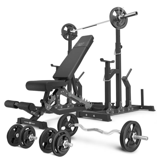 zestaw ms2_2.0_83kg | ławka dwustronna + stojaki regulowane + zestaw gryfów i obciążeń 83 kg- marbo sport
