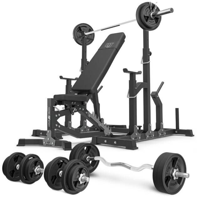 zestaw ms11_2.0_113kg_g | dwustronnie regulowana ławka treningowa + stojaki regulowane + zestaw gryfów i obciążeń gumowanych 113 kg - marbo sport