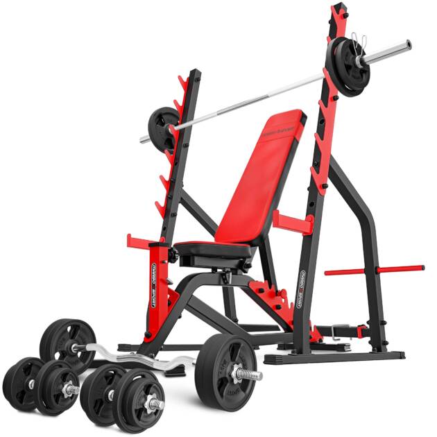 zestaw ms3_170kg_kier_g | ławka dwustronna + stojaki wielopoziomowe + zestaw gryfów i obciążeń gumowanych - marbo sport