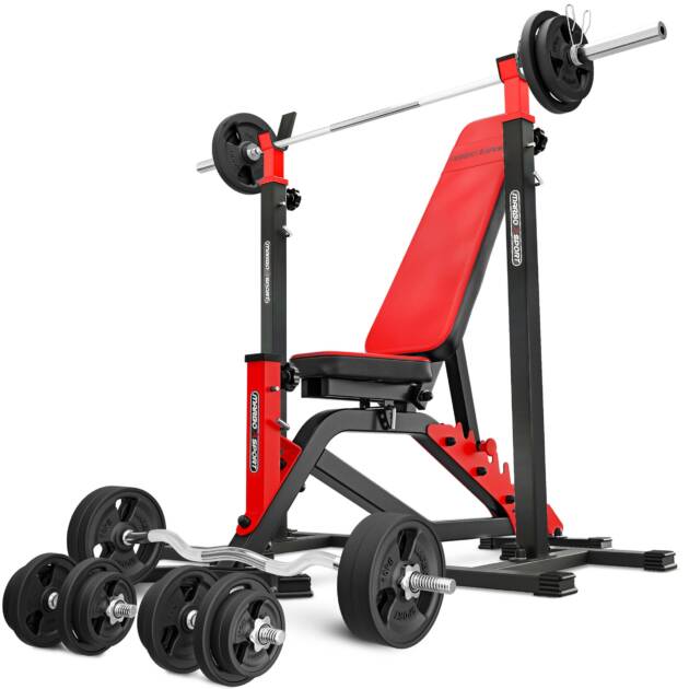zestaw ms1_151kg_kier_g | ławka dwustronna + stojaki regulowane + zestaw gryfów i obciążeń gumowanych - marbo sport