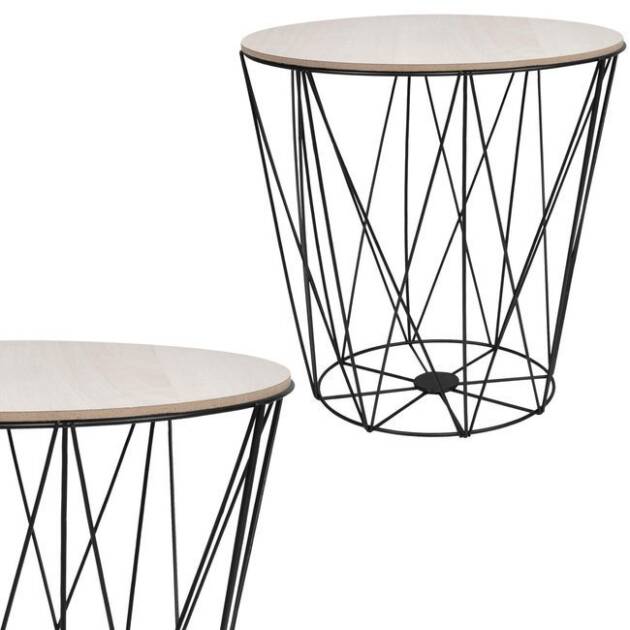 stolik kawowy loft 39cm kosz metalowy industrialny czarny, drewniany blat