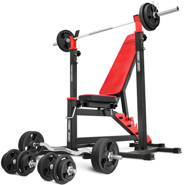 zestaw ms10_151kg_kier | ławka dwustronnie regulowana + stojaki pod sztangę + zestaw gryfów i obciążeń - marbo sport
