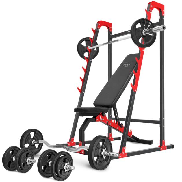 zestaw mh8_125kg_kier_g | ławka dwustronna + stojaki wielopoziomowe + zestaw gryfów i obciążeń gumowanych - marbo sport