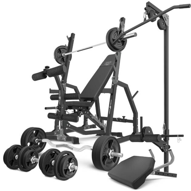 zestaw ms36_2.0_113kg_g | dwustronnie regulowana ławka treningowa + stojaki bramowe + modlitewnik + prasa + wyciąg + zestaw gryfów i obciążeń gumowanych 113 kg - marbo sport