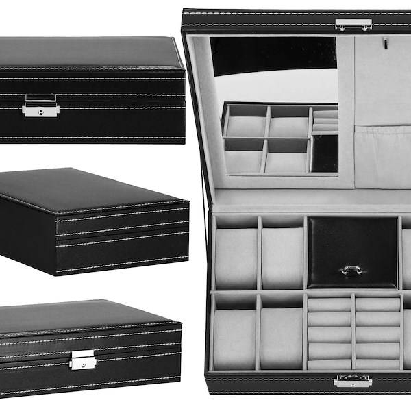 szkatułka na zegarki 30x20x8cm czarny, ekoskóra organizer z przegródkami i lusterkiem