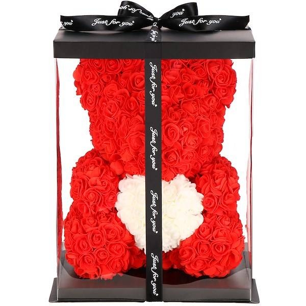 miś z płatków róż czerwony 40 cm rose bear z białym sercem