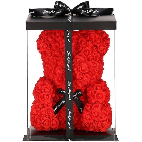 miś z płatków róż czerwony 40 cm rose bear z kokardką