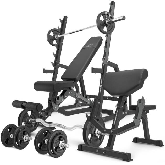 zestaw ms6_2.0_83kg | ławka dwustronna + stojaki bramowe + ławka scotta (modlitewnik) z regulacją podparcia + zestaw gryfów i obciążeń 83 kg - marbo sport
