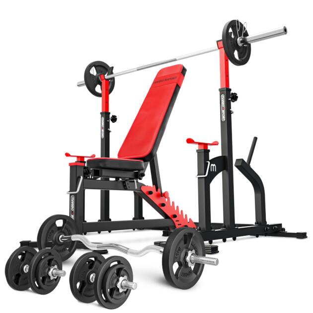 zestaw ms11_140kg_kier | ławka dwustronnie regulowana + stojaki regulowane + zestaw gryfów i obciążeń - marbo sport