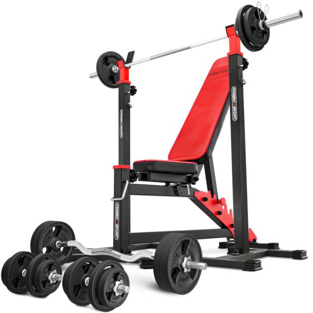 zestaw ms10_151kg_kier_g | ławka dwustronnie regulowana + stojaki pod sztangę + zestaw gryfów i obciążeń gumowanych - marbo sport