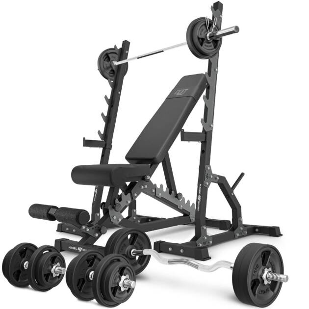 zestaw ms24_2.0_113kg_g | ławka dwustronna + wielopoziomowe stojaki (2 sztuki) + zestaw gryfów i obciążeń gumowanych 113 kg - marbo sport