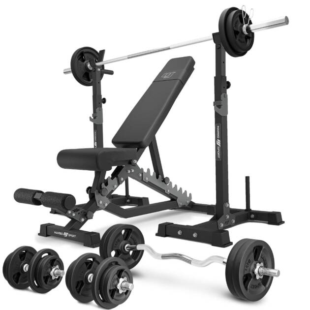 zestaw ms34_2.0_113kg | ławka dwustronna + wielopoziomowe stojaki (2 sztuki) pod sztangę z asekuracją + zestaw gryfów i obciążeń 113 kg - marbo sport