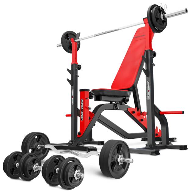 zestaw ms34_155kg_kier_g | ławka dwustronna + stojaki regulowane + zestaw gryfów i obciążeń gumowanych - marbo sport