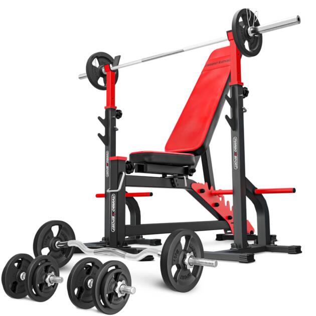 zestaw ms30_125kg_kier | ławka dwustronnie regulowana + stojaki regulowane + zestaw gryfów i obciążeń - marbo sport