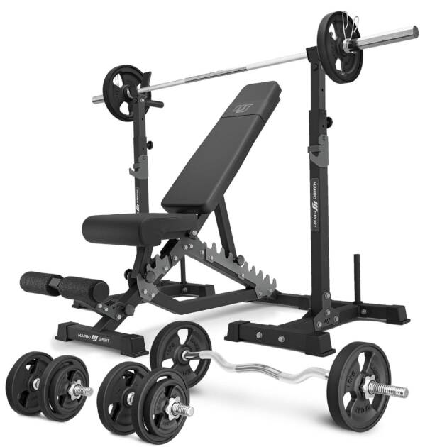 zestaw ms34_2.0_83kg_g | ławka dwustronna + wielopoziomowe stojaki (2 sztuki) pod sztangę z asekuracją + zestaw gryfów i obciążeń gumowanych 83 kg - marbo sport
