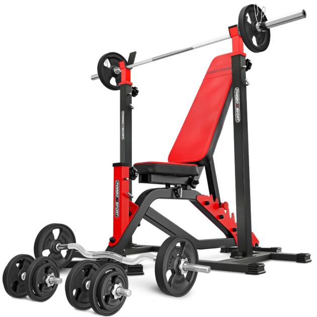zestaw ms1_121kg_kier_g | ławka dwustronna + stojaki regulowane + zestaw gryfów i obciążeń gumowanych - marbo sport