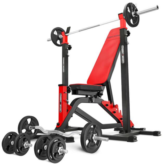 zestaw ms1_121kg_kier | ławka dwustronna + stojaki regulowane + zestaw gryfów i obciążeń - marbo sport