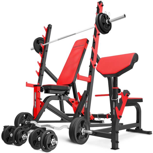 zestaw ms6_191kg_kier | ławka dwustronna + stojaki bramowe + modlitewnik + zestaw gryfów i obciążeń - marbo sport