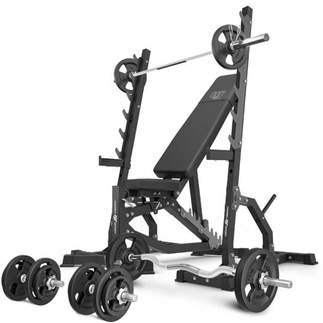 zestaw ms8_2.0_83kg | dwustronnie regulowana ławka treningowa + wielopoziomowe stojaki (2 sztuki) + zestaw gryfów i obciążeń 83 kg - marbo sport