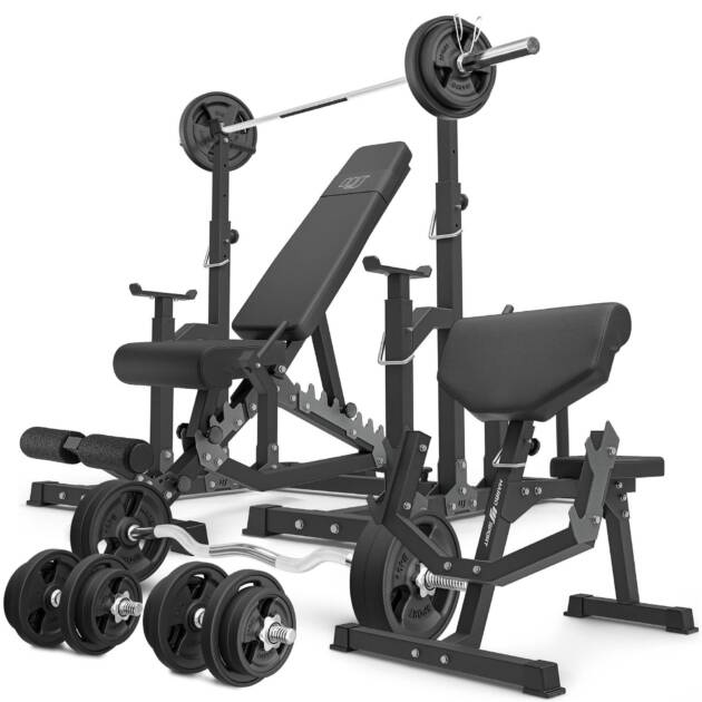 zestaw ms5_2.0_113kg_g | ławka dwustronna + stojaki regulowane + ławka scotta (modlitewnik) z regulacją podparcia + zestaw gryfów i obciążeń gumowanych 113 kg - marbo sport